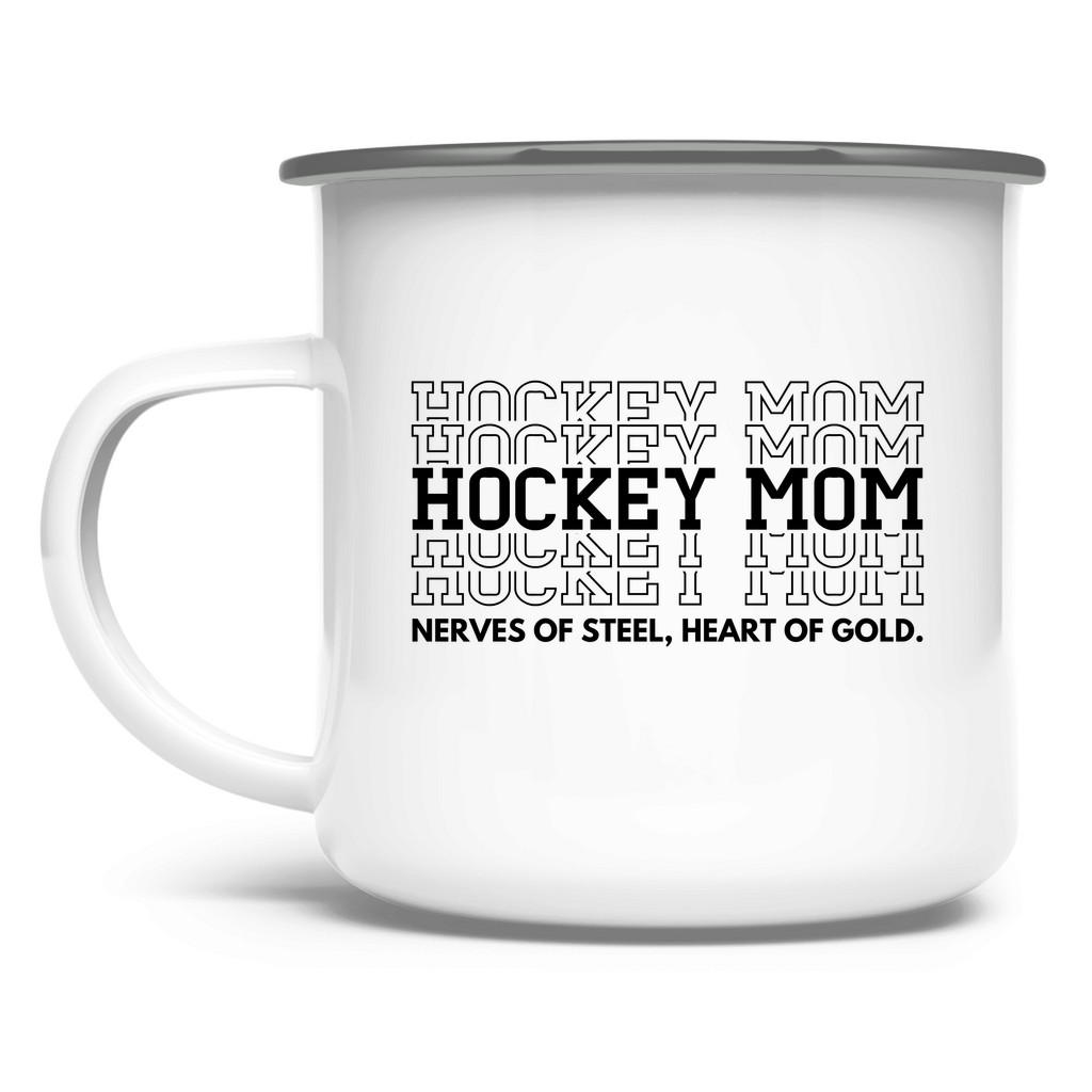 Emaille Tasse HOCKEYMOM NERVES & HEART