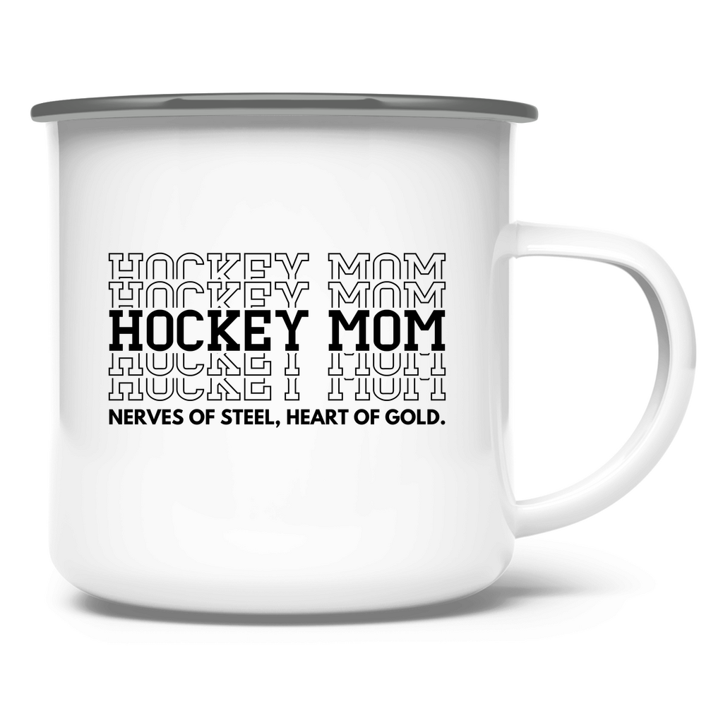 Emaille Tasse HOCKEYMOM NERVES & HEART