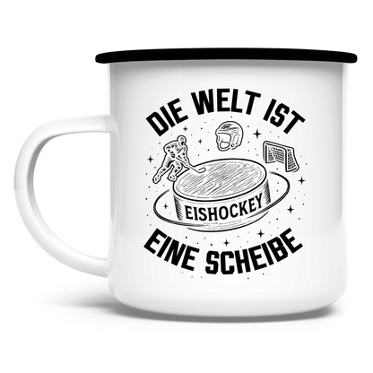 Emaille Tasse DIE WELT IST EINE SCHEIBE