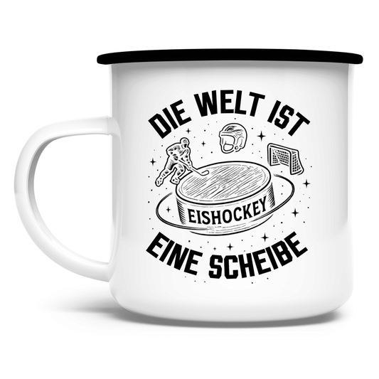 Emaille Tasse DIE WELT IST EINE SCHEIBE