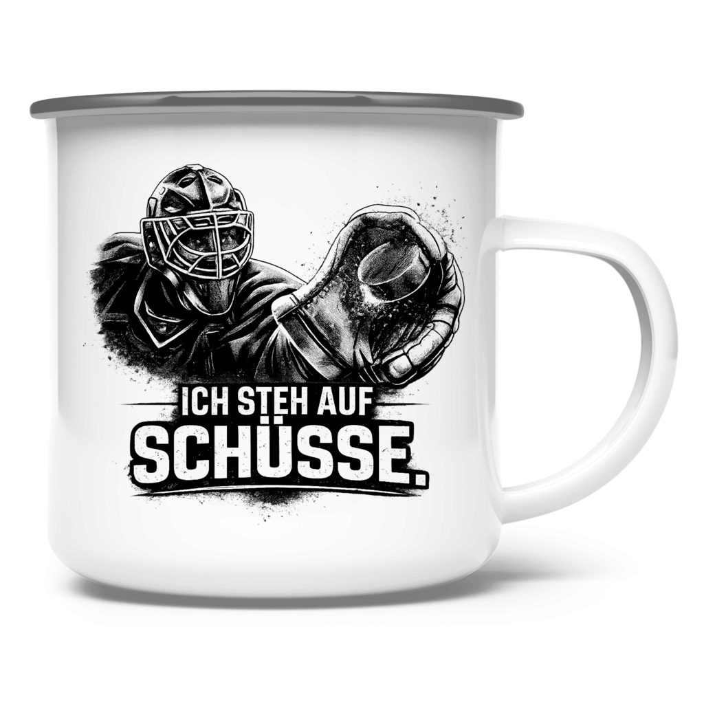 Emaille Tasse GOALIE - STEH AUF SCHÜSSE